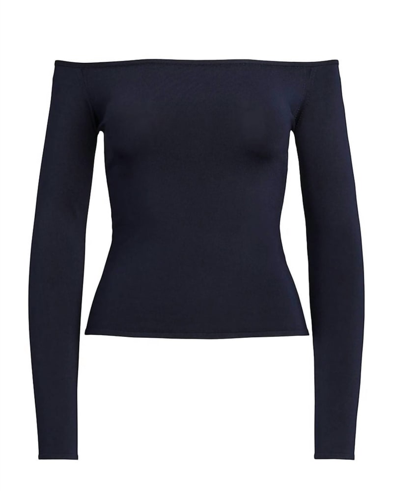 Front of a model wearing a size XL Off-Shoulder Top in Navy in Navy by Ralph Lauren. | dia_product_style_image_id:345330